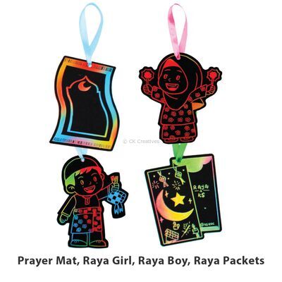 Scratch Art Suasana Raya Ornament Deco - Prayer Mat, Raya girl, Raya boy, Raya duit packets