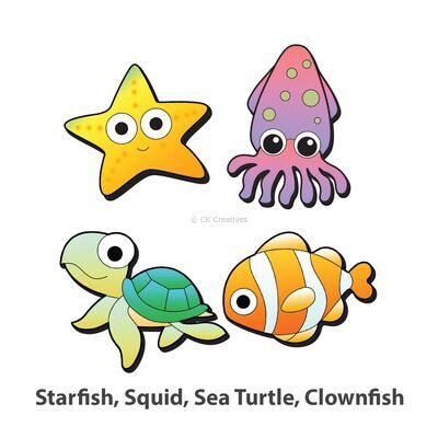 Wooden Sealife Animal Magnet Kit - Starfish, Squid, Sea Turtle, Clownfish